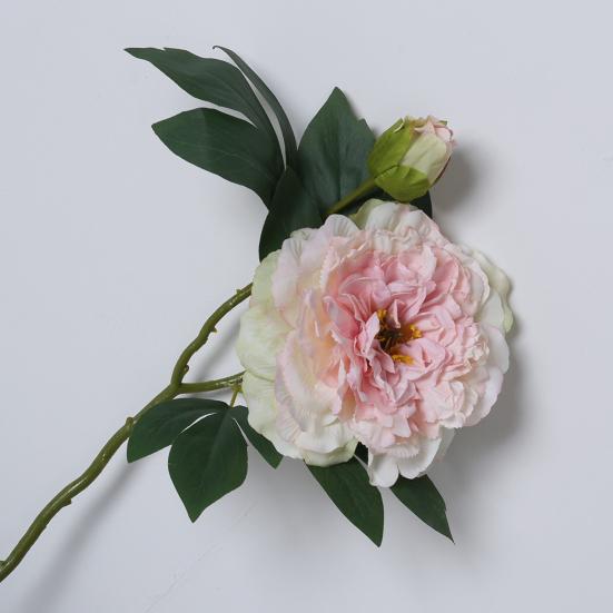 Artificial Peony with Green Leaves 2 Head Realistic Fake Silk Flower
