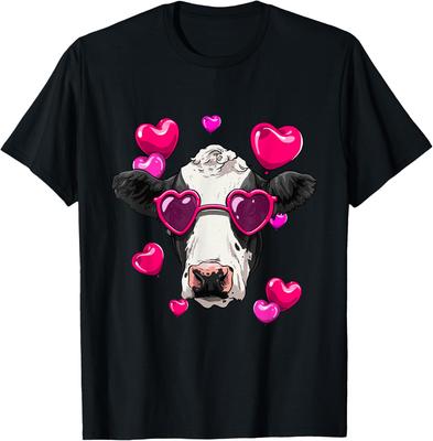 Cow Valentines Day Shirt Cute Cow Head with Heart Sunglasses Graphic Tee Casual Cotton T-Shirt