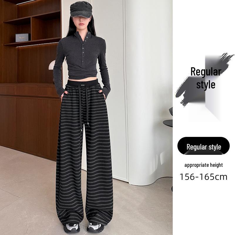 Women's High Waist Gray Striped Wide-Leg Pants - Early Spring 2026 Casual, Slimming, Relaxed Fit