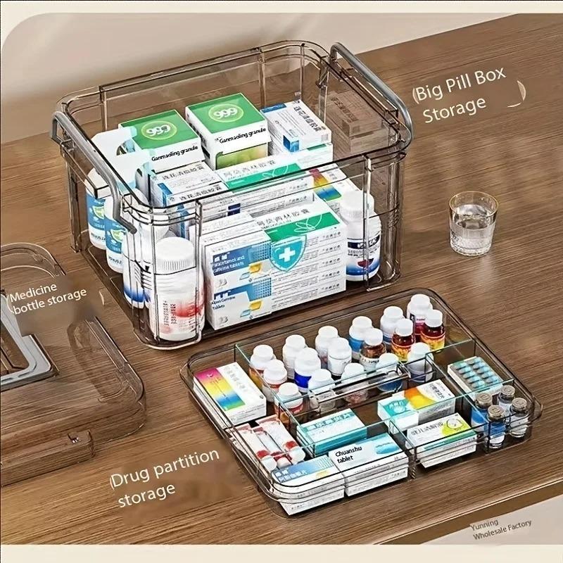 Transparent Family Medicine Box with Tray Plastic First Aid Kit Portable Thick Medicine Classification and Storage Box