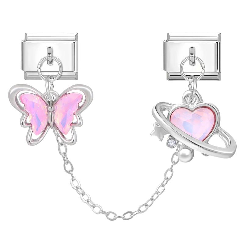 Zircon Bow Knot Moon Butterfly Star Cat Paw Tassel Chain Italian Charm Links Fit 9mm Stainless Steel Bracelet Women DIY Making
