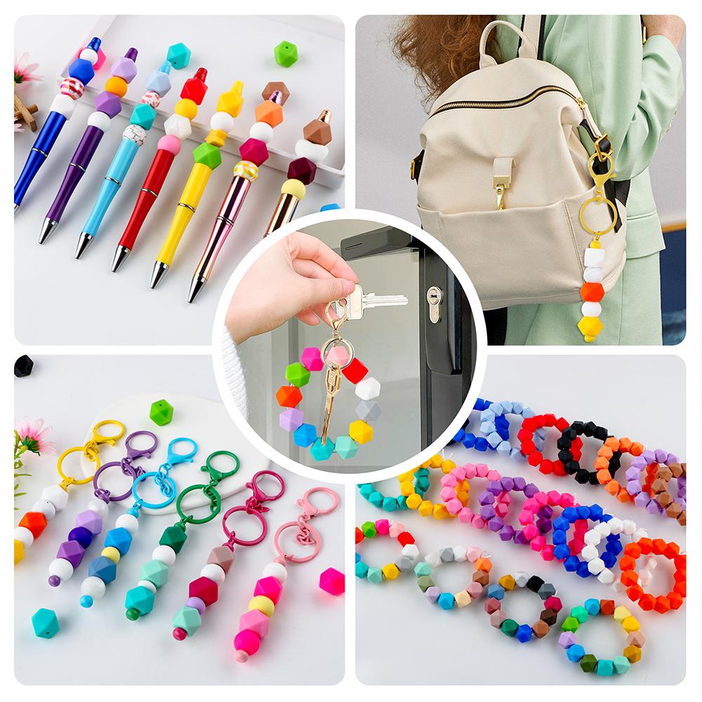 Kovict 110Pcs/Set Silicone Beads Round Lentil Hexagon Loose Bead For Jewelry Making DIY Necklace Bracelet Keychain Accessories