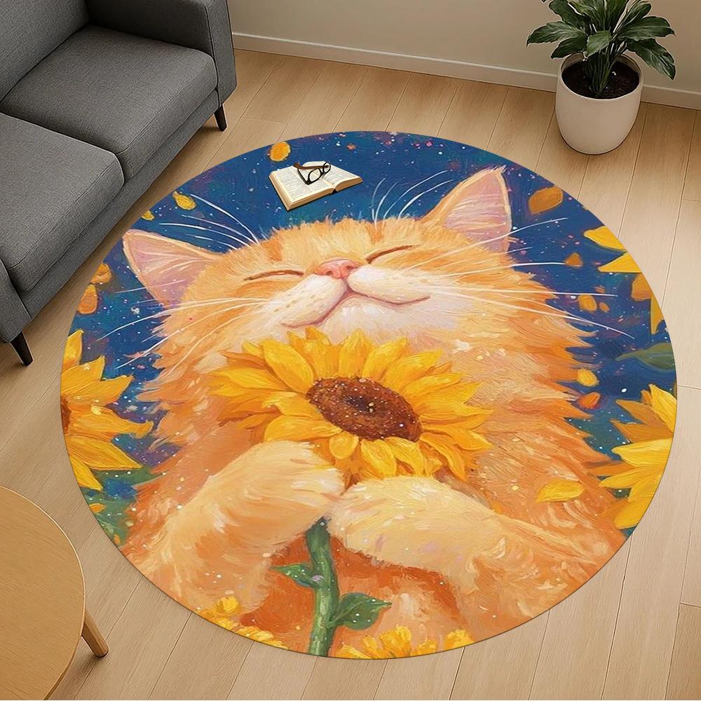 1PC Cat Sunflower Fantasy Round Chair Mat Area Rug - Non-Slip, Floor Mat for Office, Bedroom, Home Decor Christmas Gift C0528043