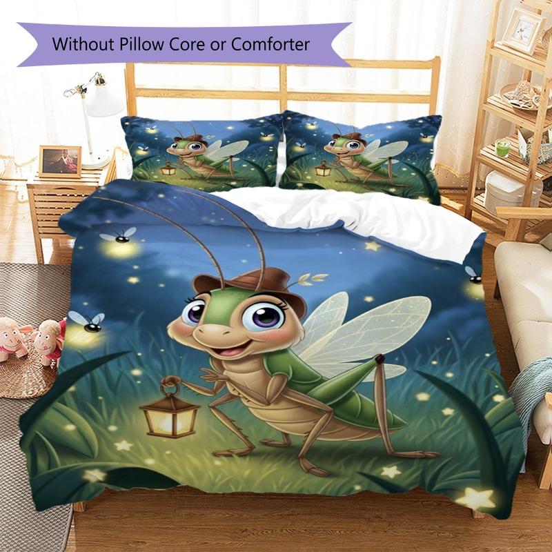 3-Piece Bedding Set: Cartoon Cricket, Firefly, and Starry Night Meadow Print – Bedroom Home Decor