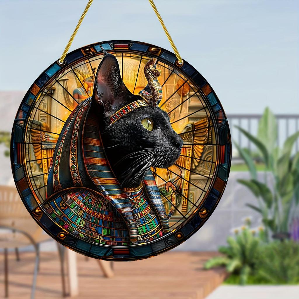Cattura Sole Gatto Nero Egiziano in Legno, Segno Decorativo Rotondo in Legno, Stanza, Decorazione Casa, Targhetta Multiuso a Tema Animale per Porta, Parete, Casa, Stanza