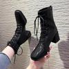 Women High-heeled Boots 2024 Fall Square Head Lace-up Chunky Shoes Heels Retro Minimalist Fashion Boots Comfortable Chelsea Boot