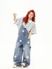 Women's American Retro Star Print Wide-Leg Denim Overalls: Casual and Versatile Loose-Fit Trend.