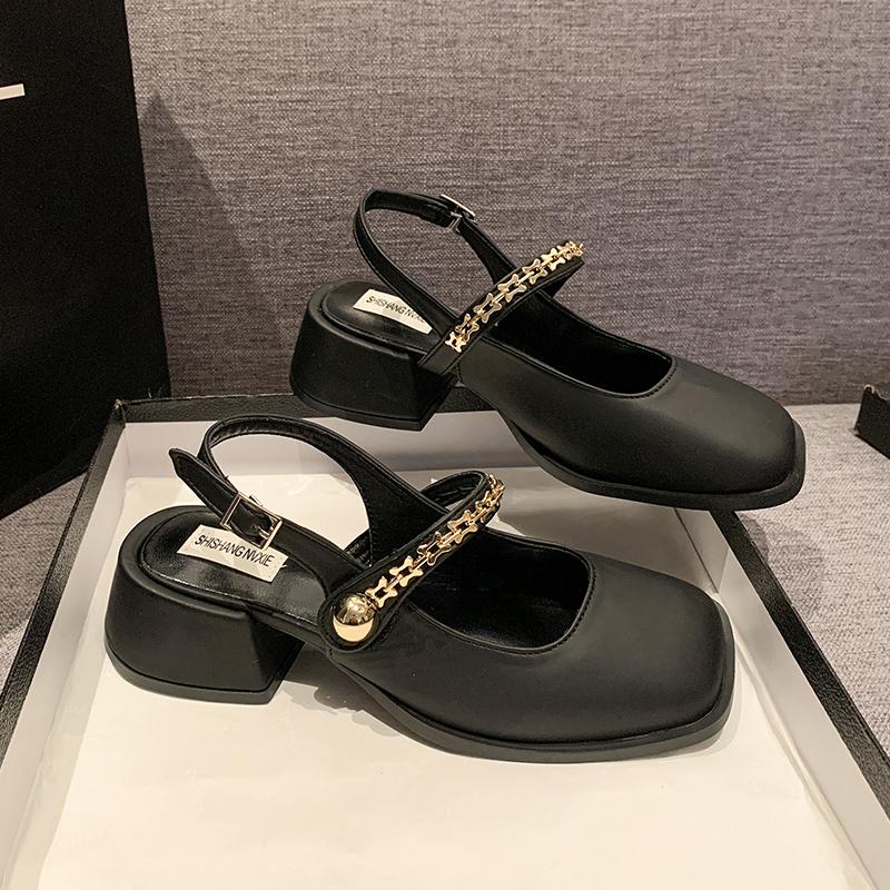 African Woman Shoe Mary Jane Summer High Heels Chunky Sandals Navy Blue Pumps Sweet 2024 Burgundy Straps Lolita Closed Black Bei