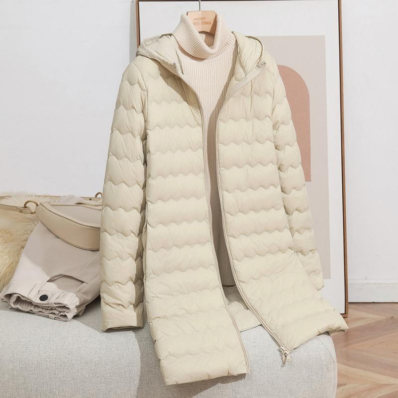 

Autumn and winter new fashion hooded wavy medium and long light down jacket women s zipper jacket warm tide M (within 50kg) абрикосовый
