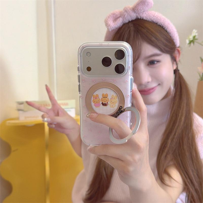 Cute Pink Floral Miffy Phone Case For iPhone 17 Pro 16 15 17 Pro Max with 360 All-in-One Stand Shockproof 17 15 16 Cover Cases
