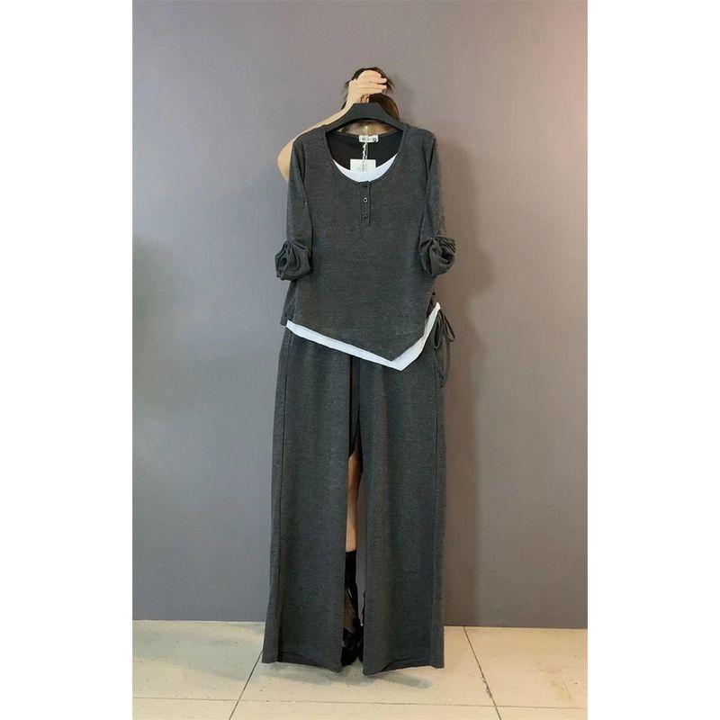 

Свободные брюки с лоскутным дизайном для похудения, больших размеров, женские топы с длинными рукавами Tops + pants 2XL