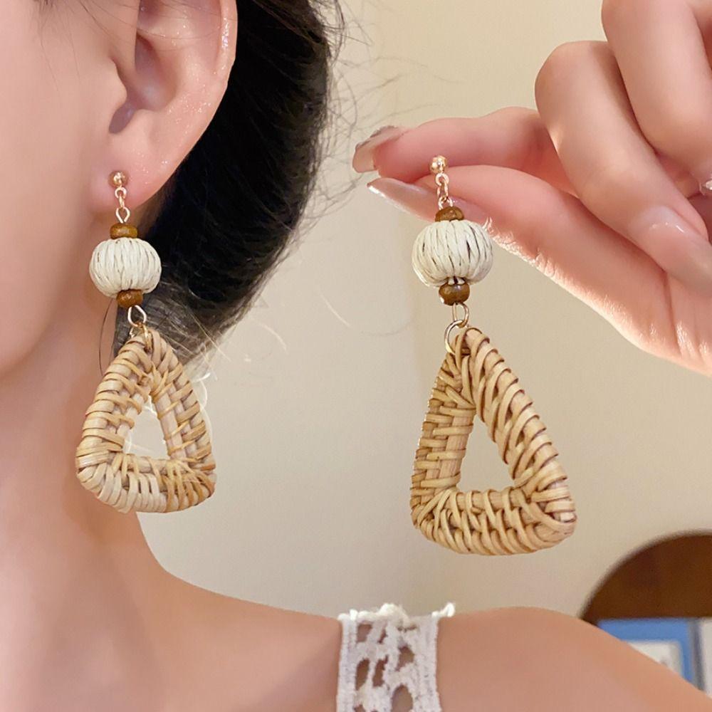 Beach Jewelry Bohemian Drop Earrings Round Geometric Earrings Rattan Weave Earrings  Women
