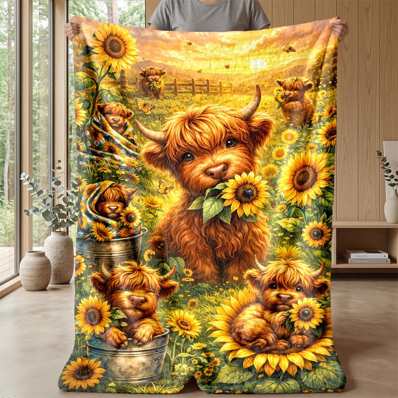 Sunflower Cow Tower Theme Blanket Lightweight Warm Flannel Blanket Decorative Throw Blanket for Home Decoration