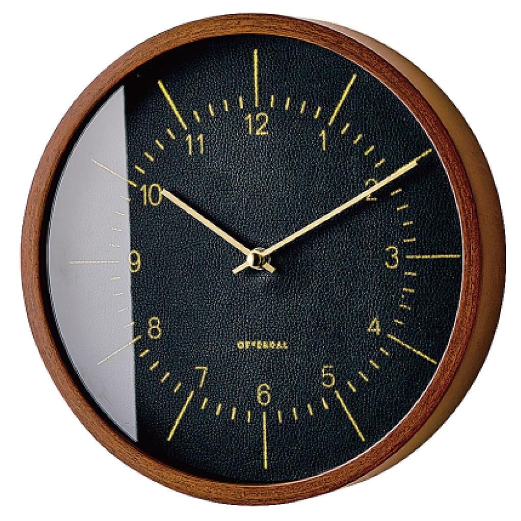Interform Wall Clock Radio Clock Brandeff Leather Black Synthetic Leather Wood Gold 25cm CL-3354BK