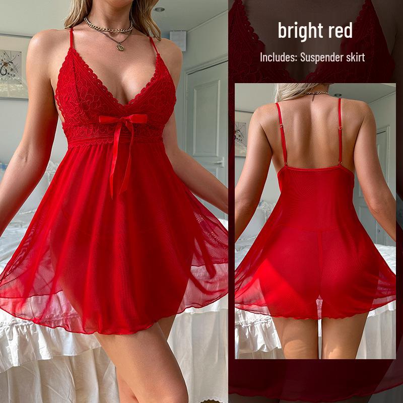 Lace Spaghetti Strap Mesh Nightgown - Sexy See-through Lingerie for Women