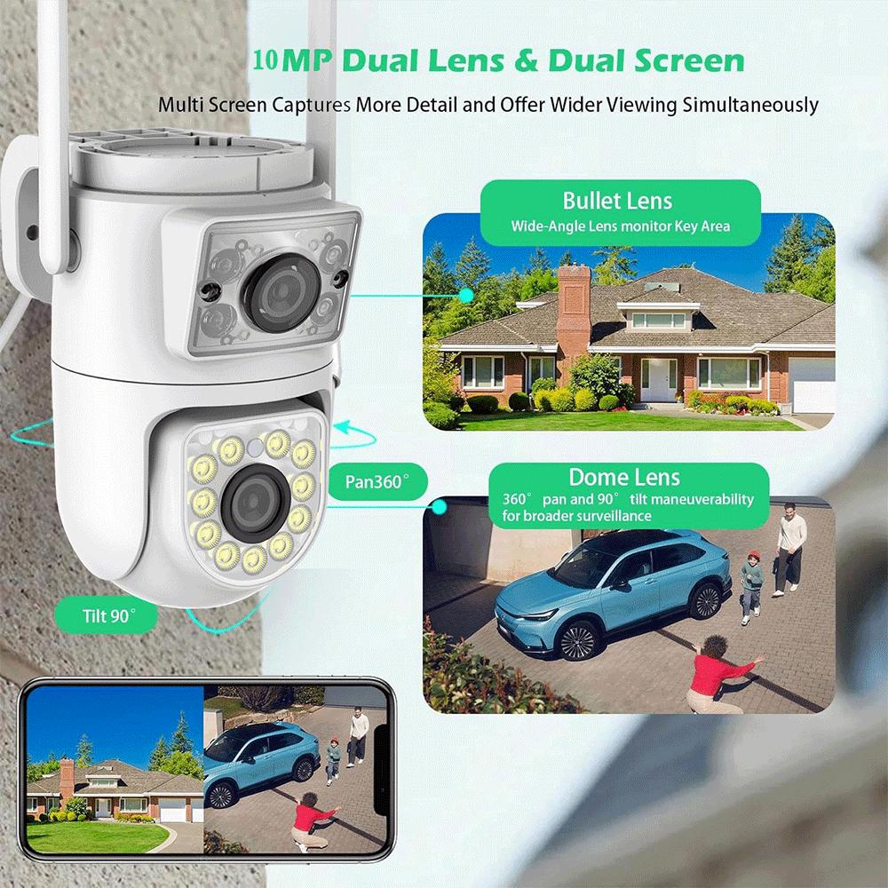 10MP Dual-Lens Wifi Camera Tuya PTZ Outdoor 4K Dual Screen Security Protection IP Cameras Color Night Vision Video Surveillance
