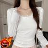 Petite Slim-Fit Women's Long-Sleeve White Lace T-shirt, Korean Style, Autumn/Winter, Gentle Inner Layer, Highlights Collarbone