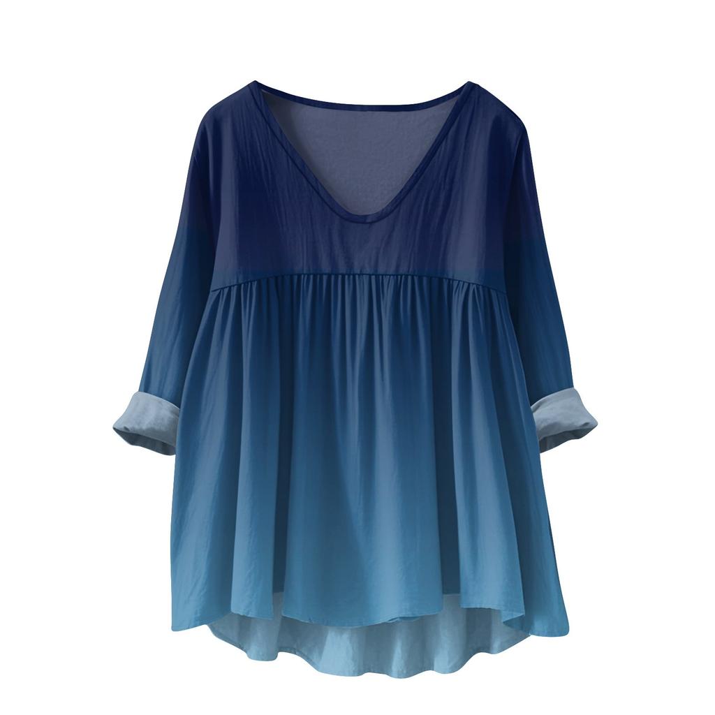 Women's Fashionable And Casual Shirt Long-sleeved V-neck Print Cotton And Linen Blouse