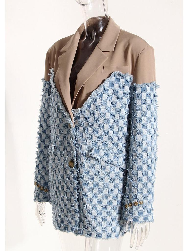 2023 Spring Women's Contrast Plaid Distressed Denim Jacket with Raw Edges