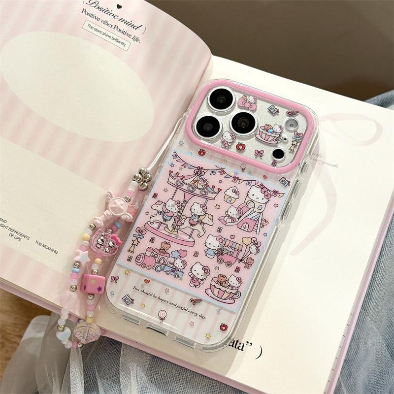 Kawaii Pink Cate Amusement Park Clear Case For iPhone 17 16 15 14 Pro Max with Beaded Chain Double Layer Glitter Shockproof Case
