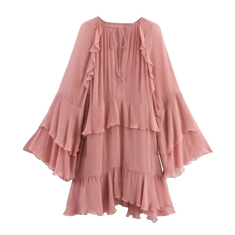 

Araltay New Arrival Fashion Style Women s Clothing Fashion All-Match French Style Leading Bell Sleeve Ruffles Dress Pink L