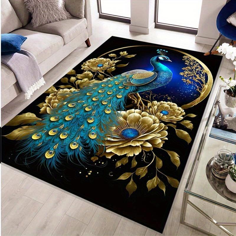 Luxurious Peacock & Floral Design Area Rug - Anti-Slip, Soft Polyester Floor Mat for Bedroom, Living Room, Office, and More