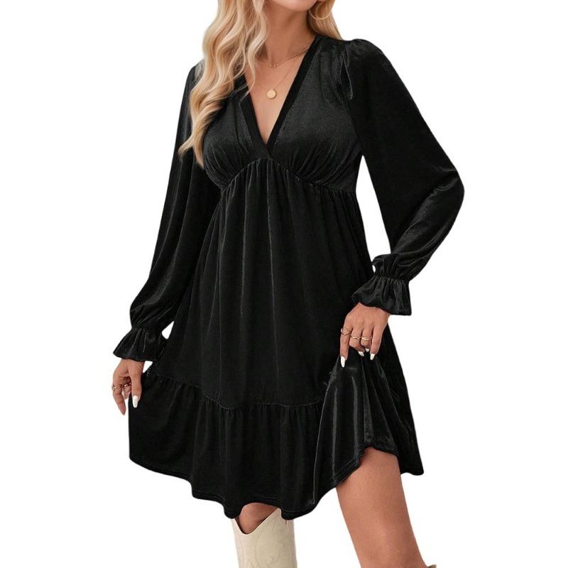 Women Elegant Velvet V Neck Long Sleeve High Waist A Line Short Dress