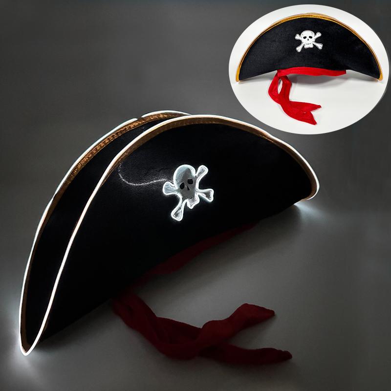 1 pièce Casquette Pirate Crâne avec Lumière LED Halloween Lumineuse Casquette de Capitaine Accessoires de Costume Cosplay Accessoire pour Adulte Fête de Carnaval Déc blanc