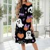 Women Halloween Print Casual Crew Neck Three Quarter Sleeve Midi Dress Comfortable Loose Fit Style