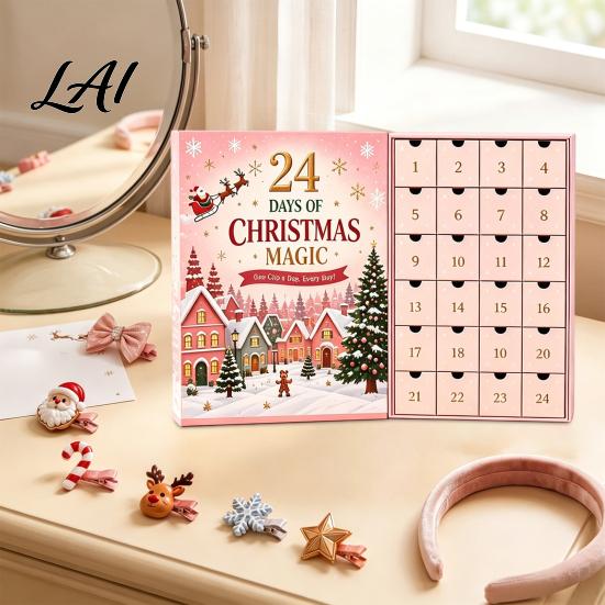 Christmas Party Advent Calendar, 24-Day Clip Hair Styling Girls Countdown Box with Festive Accessories