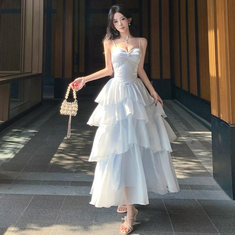 French Light Luxury Beautiful Blue Suspender Dress Femininity Waist Ruffle Edge Evening Dress Long Dress Princess Skirt