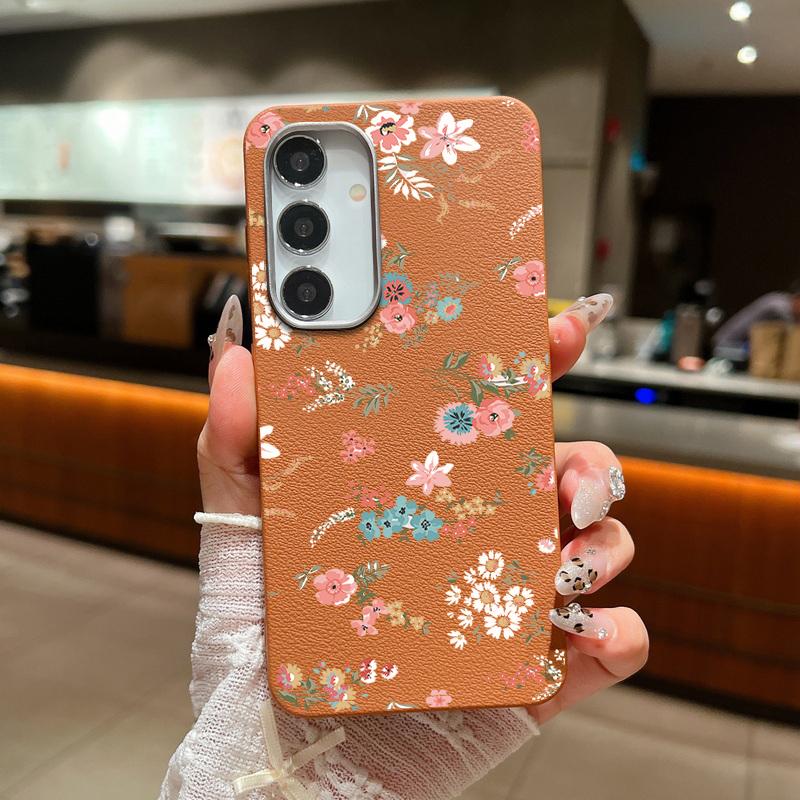 Retro Flowers Leather Texture TPU Case For Samsung Galaxy S24 FE S25 S23 S22 Ultra S25 Edge A55 A56 A16 A15 A54 A26 Phone Cover