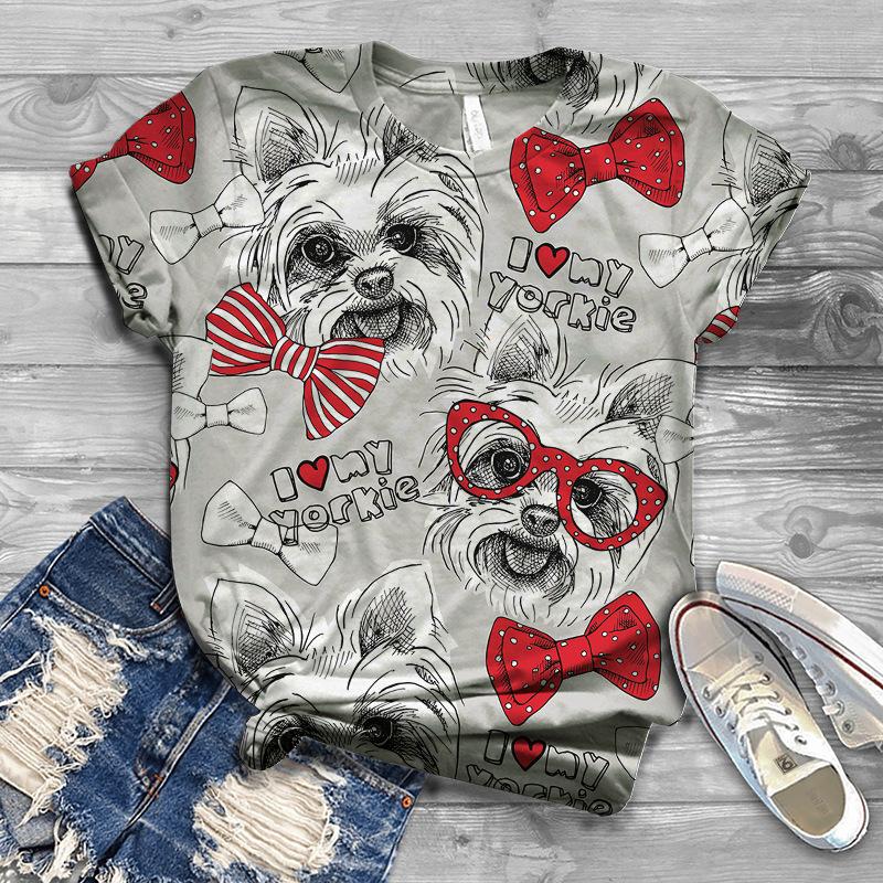 Summer New Animal Dog 3D Printed Loose White Top Women's T-shirt