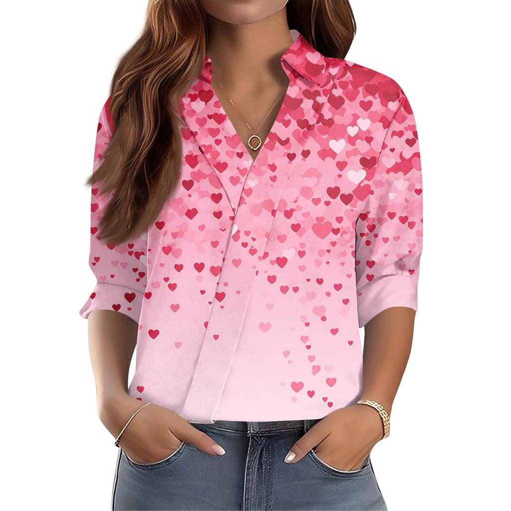 Women's 3/4-Sleeve V-Neck Shirt Printed Workwear Casual Regular Shirt Collar Top