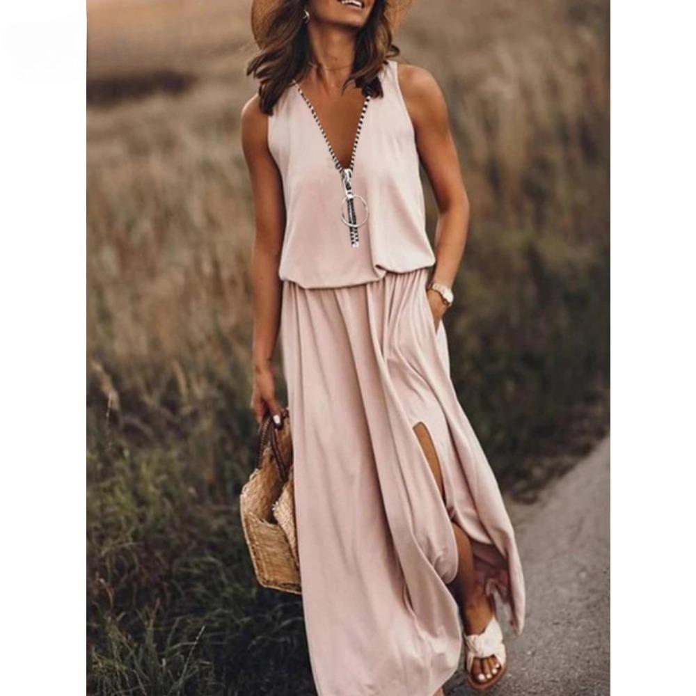Vestido de verano para mujer, largo, sin mangas, informal, con cremallera, estampado de letras y cintura