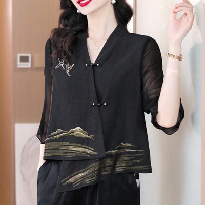 Zomer Dames Vintage Geborduurde Asymmetrische Blouses Lente Zomer Elegante Overhemden