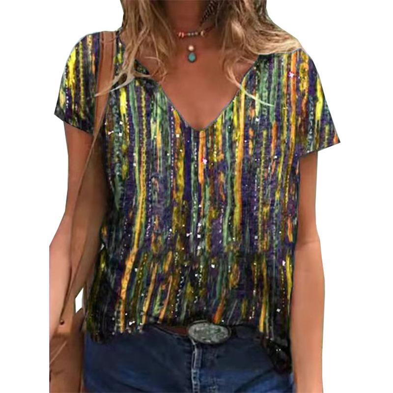 Tendencia de moda de verano Rayas verticales europeas y americanas  Gradiente De manga corta mujer Camiseta delgada Top Plus Size comprar a  buen precio — entrega gratuita, reseñas reales con fotos — Joom
