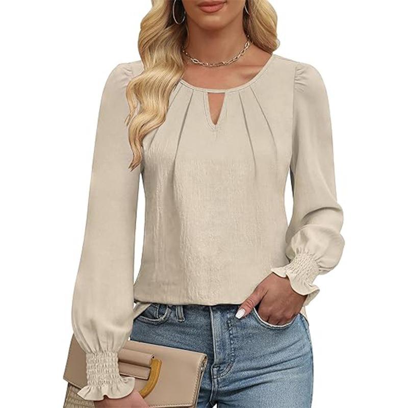 Women's Long Sleeved Shirt Fashionable Casual Lock Hole Pleated Fashion Shirt for Women Blouses