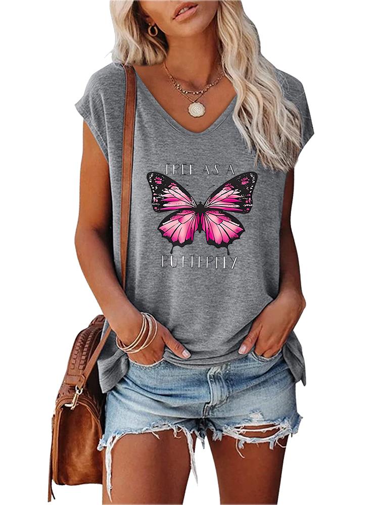 Damenmode V-Ausschnitt Kurzarm Top Sommer Casual Print T-Shirt