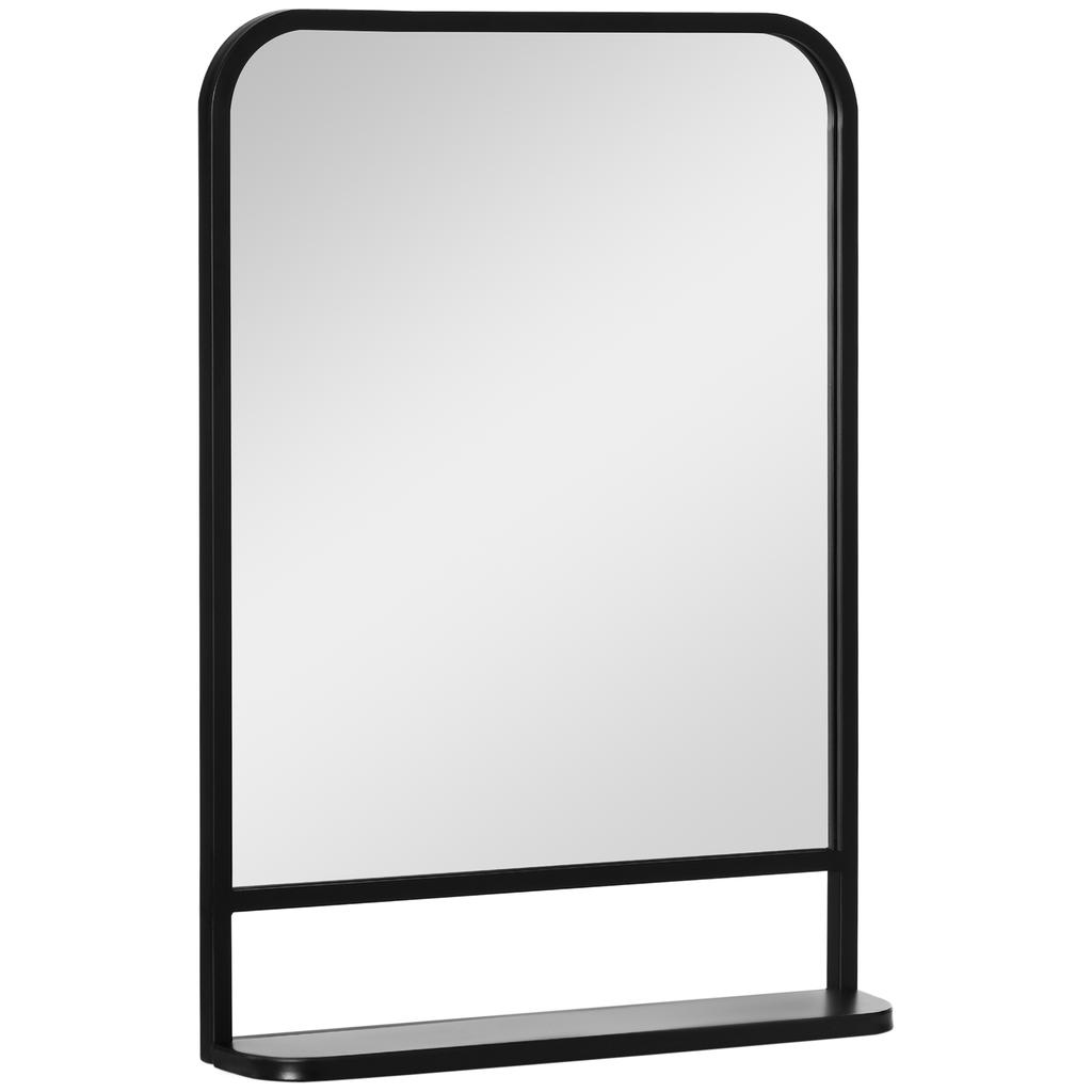 Wall Mirror with Metal Frame, Rounded Edges, 1 Shelf, 70 Cm X 10.2 Cm X 50 Cm, Black + Silver