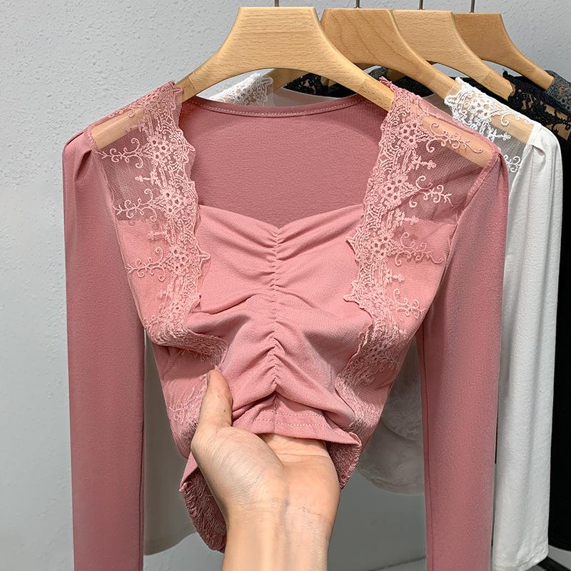 

Базовая рубашка с длинными рукавами для женщин, осенняя женская кружевная футболка, дизайн Sense, внутренний плиссированный топ One size розовый