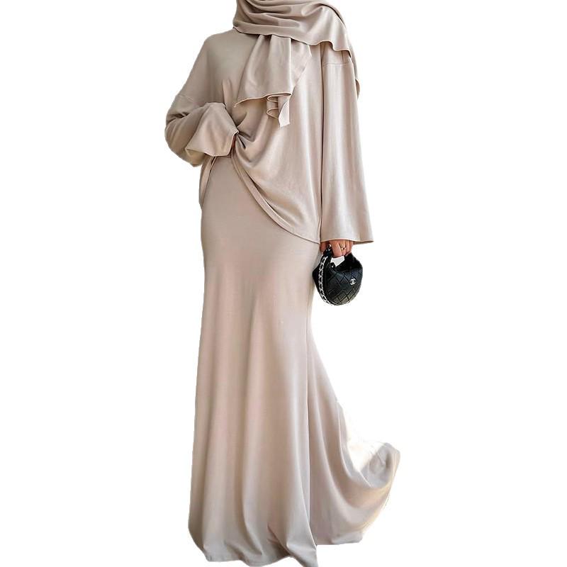 Conjunto de Moda Primavera 2025 para Mujer: Pañuelo de Cabeza de Oriente Medio y Falda Midi de Manga Larga