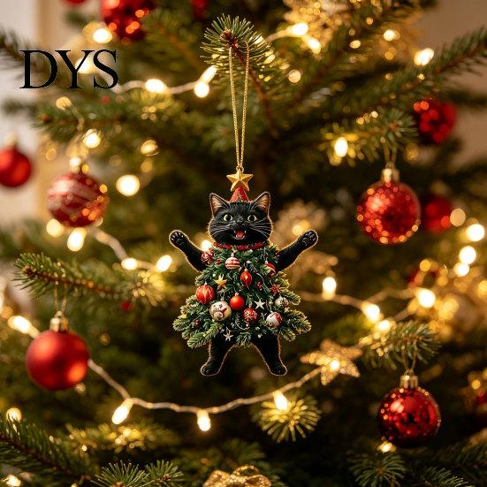 Creative Cat Crafts 2Pcs Christmas Acrylic Ornament, 2D Flat Kitty Hanging Pendant with Party Favors for Santa Hat Tree Decor, Car Rearview