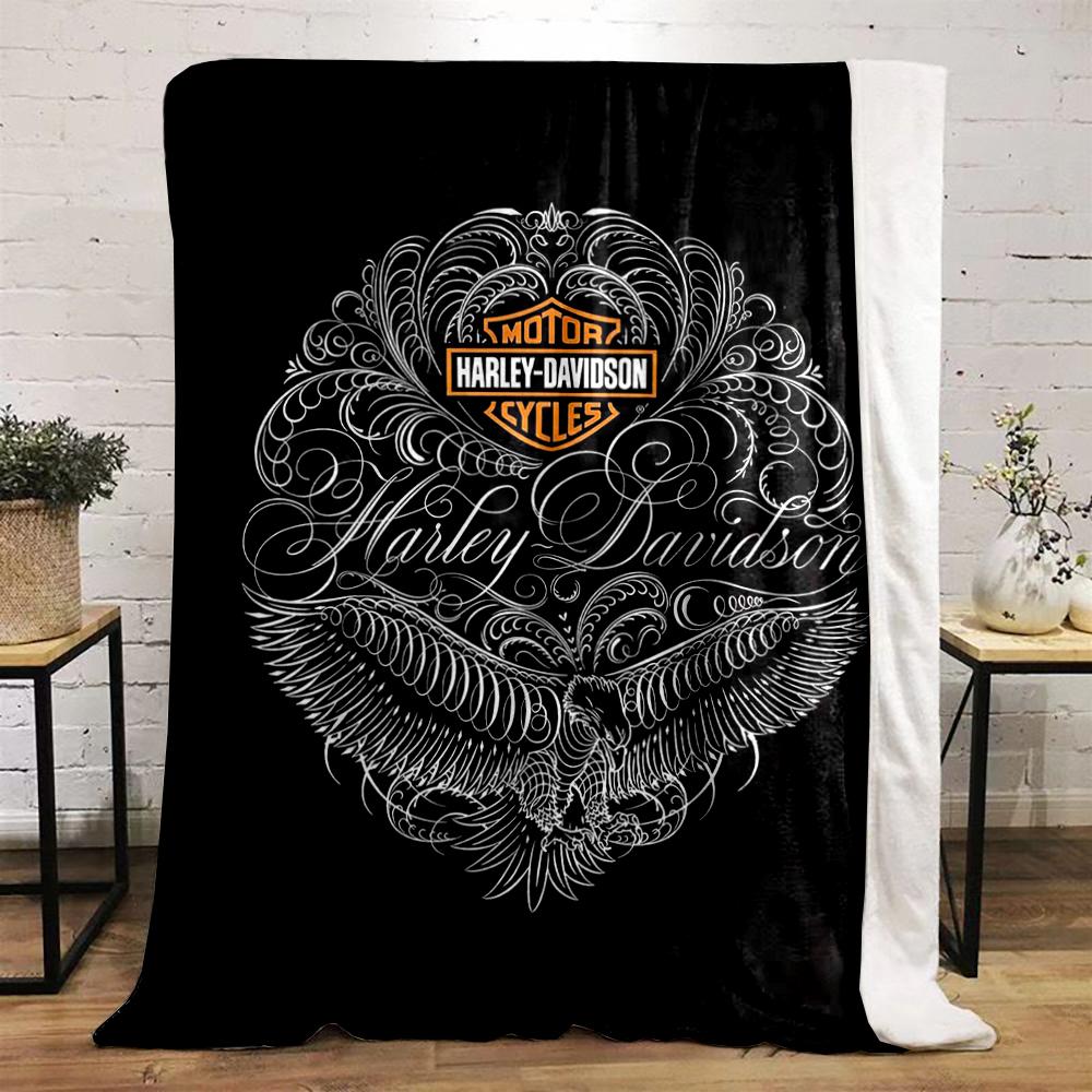 Harley Davidson Logo with Eagle Design - Flannel Blanket for Bedroom, Living Room, Sofa, and Nap Sofas.