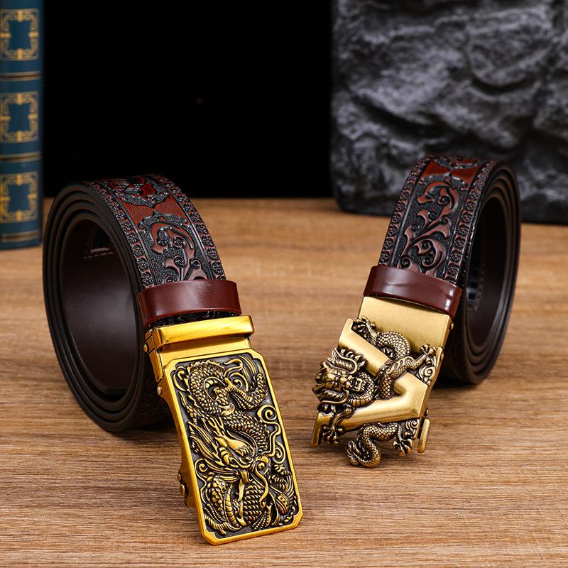 Dragon Pattern Head Layer Cowhide Belt, Fashionable Embossed Personalized Alloy Buckle Imitation Copper Buckle Belt