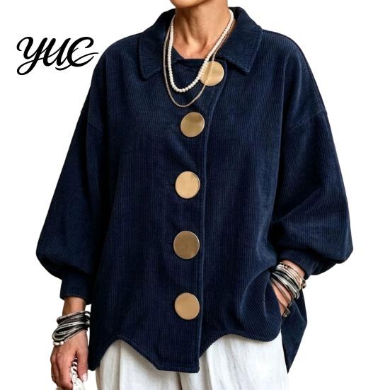 Lady Corduroy Jacket Women with Large Metal Buttons, Lantern Sleeve Casual Long Coat for Fall Winter, Loose Fit Oversized Collared Outerwear Warm