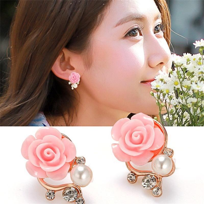 Koreanische Mode Rose Blume Harz Rose Ohrringe Neue Koreanische Damen Imitationsperle Kristall Ohrringe Großhandel Damen Zirkon