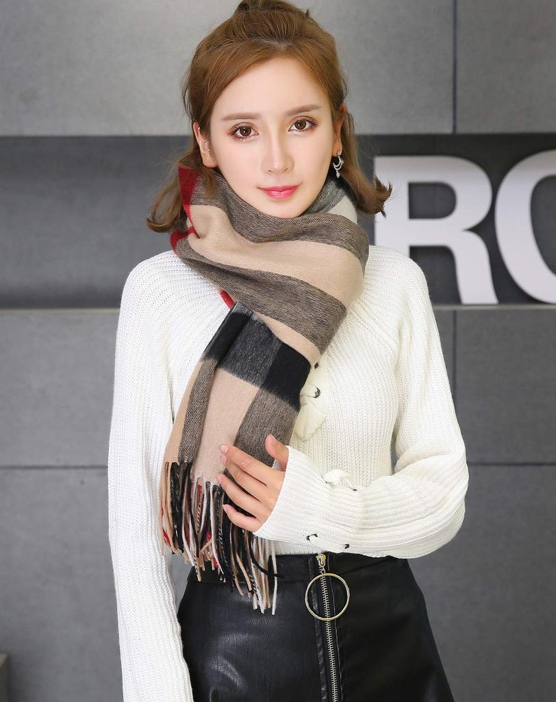 Thick Cashmere Plain 70cm Wide x 200cm Long [RAINBOW] Large, 100% Stole, Check, (Check Camel)