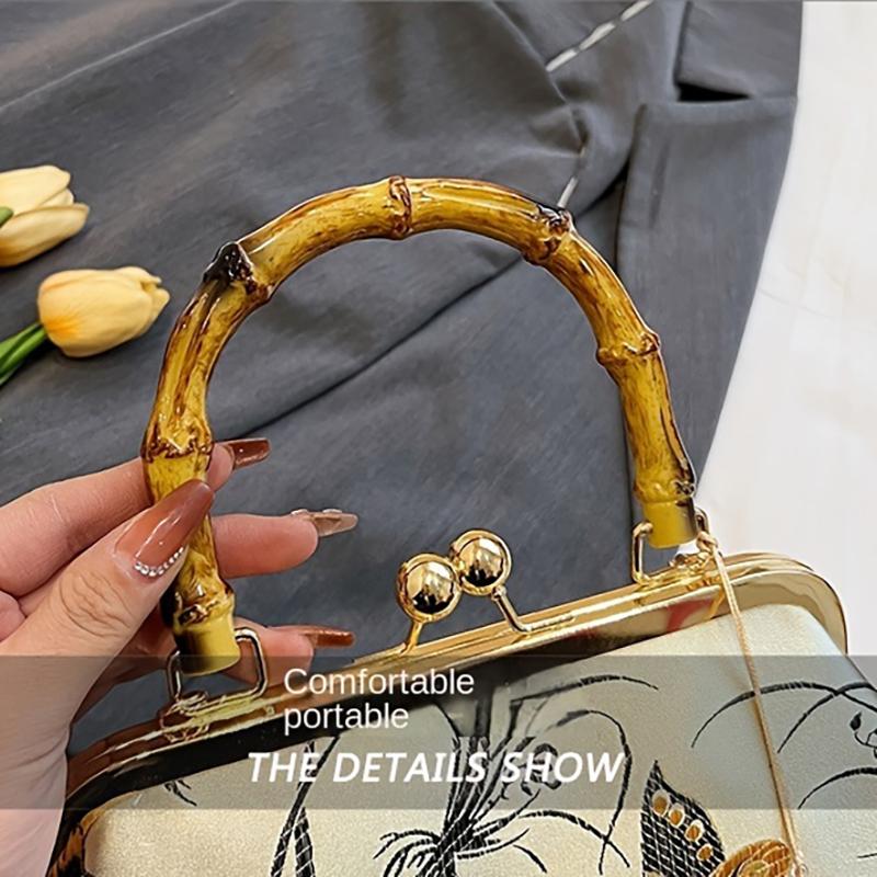 Luxury Silk Embroidered Handbag, Retro Palace Style Bamboo Handle Shell Bag, Ladies High-end Chinese Literary Dinner Clutch Bag