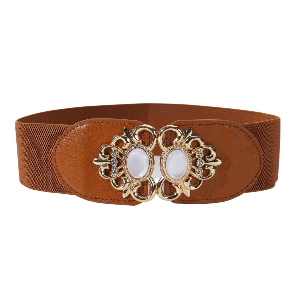 Women's Cat's Eye Stone Elastic Waist Belt with Metal Flower Leather Design - Versatile Wide Belt 2025